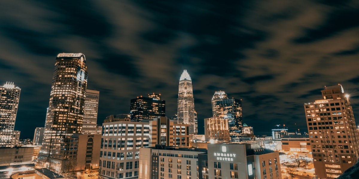 Charlotte, NC skyline at night - home of Travis Crawford HVAC and Plumbing